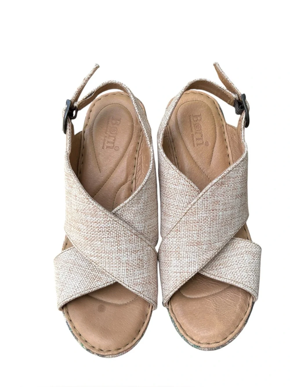 Born Emmy II Citrus Fabric Tropical Print Cross-Strap Floral Tan  Wedge Sandals